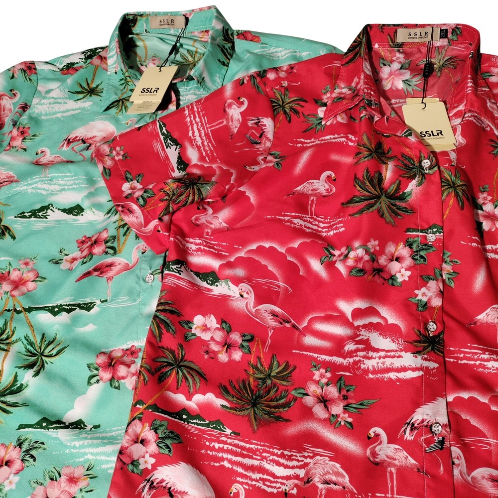 SSLR Womens 2XL Tropical Flamingo Button Down Shirt Lot Red Green 2pc NWT
